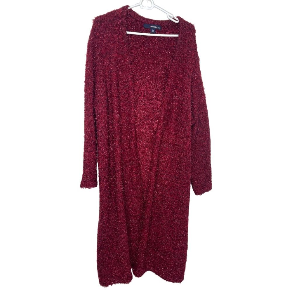 Cardigan Sweater Red Long Fuzzy Open by Denim 24/7 from Roman's Denim 24/7
